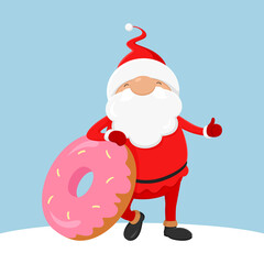 Santa Claus with donut showing thumbs up. Vector illustration.