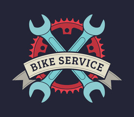 Vector bicycle vintage emblem with crossed wrench, gear and ribbon. Blue background.