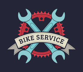 Vector bicycle vintage emblem with crossed wrench, gear and ribbon. Blue background.