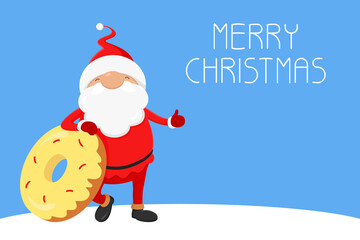 Christmas greeting card. Santa with donut showing thumbs up. Vector illustration.