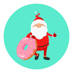 Christmas avatar. Santa with donut showing thumbs up. Vector illustration.
