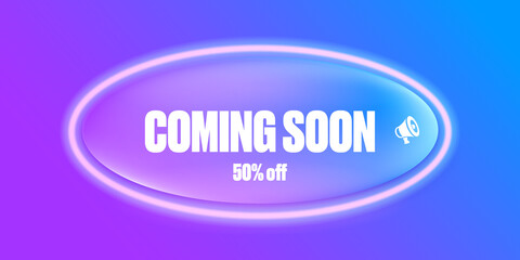 coming soon banner or button on purple modern background. Coming soon sign isolated on violet layout