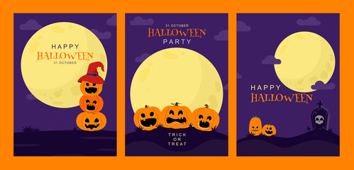 Set of Halloween holiday event invitation design layout. Cute and spooky cartoon pumpkins in the night with big moon . Happy halloween invitation party flat banner , poster or card vector template.  