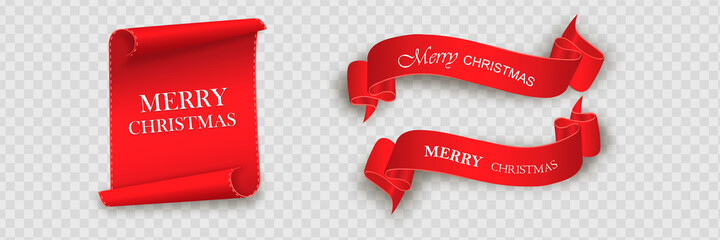 Merry Christmas celebration background with red realistic ribbon banner and snow. Vector illustration
