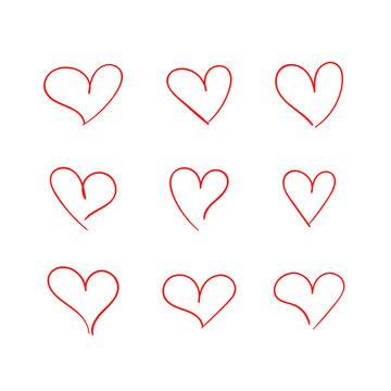 Vector Hand Drawn Hearts Set, Doodle Drawings Love Symbols, Isolated on White Background Red Outline Illustration, Line Drawing.