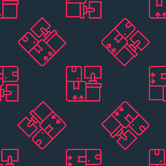 Red line Warehouse interior with boxes on racks icon isolated seamless pattern on black background. Logistics, cargo, parcel storage postal service. Vector