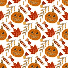 Halloween pumpkins leaves and candies seamless pattern vector illustration