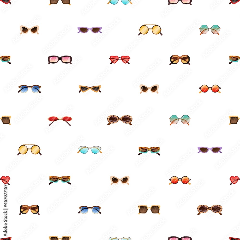 Poster seamless pattern with modern and retro sunglasses on white background. repeating backdrop with rows 