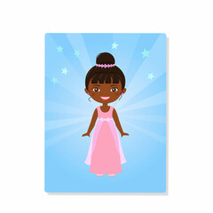 Cute afro american princess in beautiful dress. Greeting card. Vector illustration