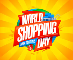 World shopping day sale, mega discounts, vector web banner design mockup