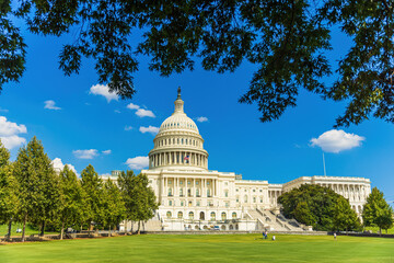Capitol Building in Washington, DC, USA with leafy green summer trees in the foreground