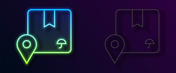 Glowing neon line Location with cardboard box icon isolated on black background. Delivery services, logistic and transportation, distribution. Vector