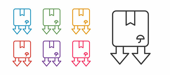 Set line Cardboard box with traffic symbol icon isolated on white background. Box, package, parcel sign. Delivery, transportation and shipping. Set icons colorful. Vector