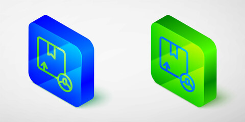 Isometric line Carton cardboard box icon isolated grey background. Box, package, parcel sign. Delivery and packaging. Blue and green square button. Vector