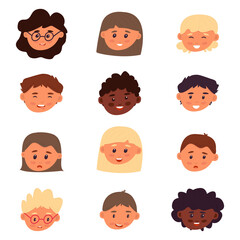 childish avatar set. Boys and girls on white background. Variety of emotions and moods. Various races. Isolated template for design and creativity. Vector illustration, flat.