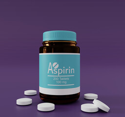 Aspirin medicine bottle with white round pills on flat surface. 3D rendering illustration. 