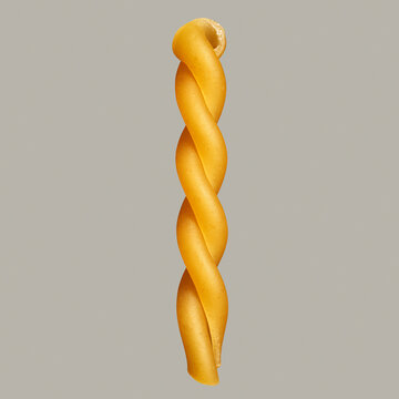 Close up uncooked gemelli pasta noodle on gray background
