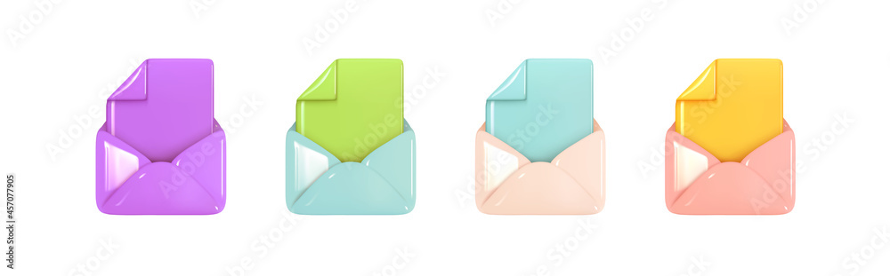Poster set of open email envelope icon with document. post mail letter. multicolored realistic 3d design is