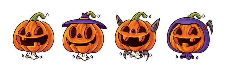 Happy Halloween. Cartoon series of cute Jack O Lantern pumpkin character with funny face expression and halloween costumes. Mascot set.