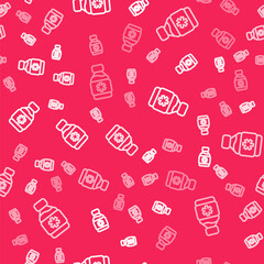 White line Bottle of medicine syrup icon isolated seamless pattern on red background. Vector