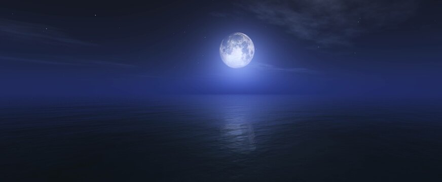 Moon over ocean surface, night seascape with moon,