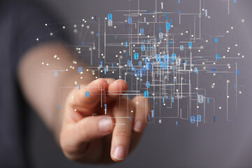 abstract lines with dots over dark background.