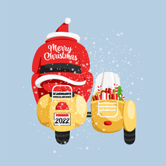 Santa Claus on a scooter. vector Christmas illustration. santa is a rear view. gift bag