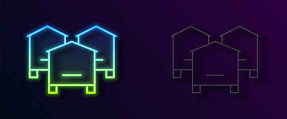 Glowing neon line Hive for bees icon isolated on black background. Beehive symbol. Apiary and beekeeping. Sweet natural food. Vector