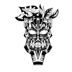 Hand drawn black and white tattoos artwork indian tiki mask vector Illustration