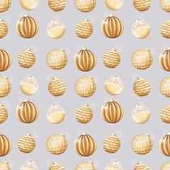 Seamless pattern with golden glass balls. Christmas illustration on warm grey background for wrapping paper, cards, decor.