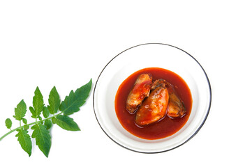 Fish sardines in tomato sauce in plate on white background.