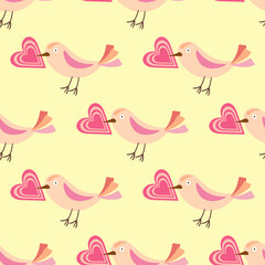 seamless pattern pink birds with hearts vector