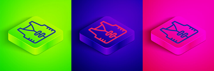 Isometric line Fishing jacket icon isolated on green, blue and pink background. Fishing vest. Square button. Vector