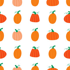Cute orange pumpkins seamless vector pattern. Cozy autumn ornament on a white background
