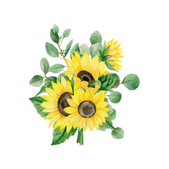 Watercolor bouquet of sunflower flowers, green foliage, ears and branches of eucalyptus, isolated on a white background, hand-drawn. For wedding design, logos, greetings and invitations.
