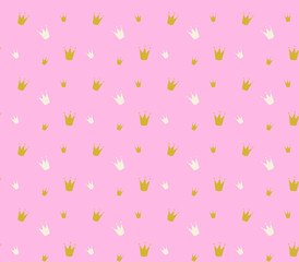 Vector seamless pattern with crowns on a pink background. Seamless print for wallpaper, bedding, fabric and other uses. Gold and white crowns on a pink background.