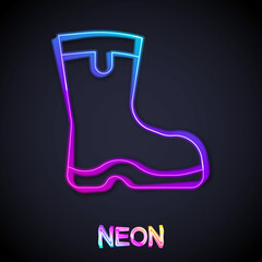Glowing neon line Fishing boots icon isolated on black background. Waterproof rubber boot. Gumboots for rainy weather, fishing, hunter, gardening. Vector