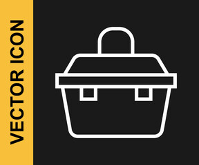 White line Case or box container for wobbler and gear fishing equipment icon isolated on black background. Fishing tackle. Vector