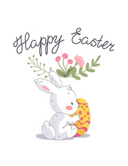 Easter congratulation card with cute white bunny, holiday hand written congratulation and Easter egg isolated. Vector flat hand drawn cartoon illustration. For prints, banners, invitations, packaging.