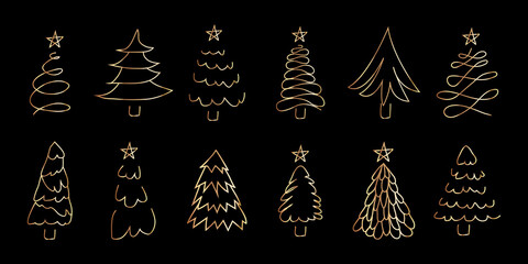 Golden Christmas trees set. Vector illustration