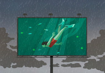Woman snorkeling underwater on billboard against rainy sky
