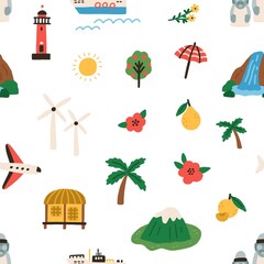 Seamless Korean pattern with Jeju islands landmarks on white background. Travel Korea, repeating backdrop with mountains, waterfall, lighthouse, fruits, plane and harubang. Flat vector illustration