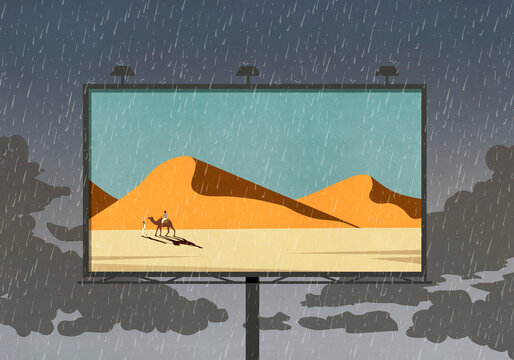Camel and desert scene on billboard against rainy sky
