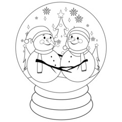 Christmas snowmen inside a snow globe. Vector black and white coloring page.