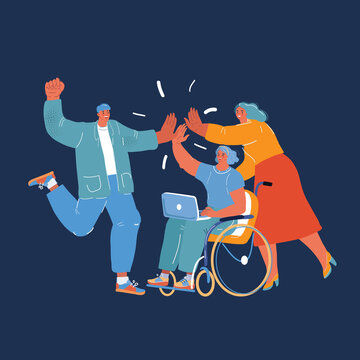 Vector illustration of disabled people care. Woman in a wheelchair at office celebrating a successful project over dark backround