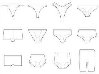 Types of womens panties on white background. Woman underwear types: string, thong, brazilian, boxers, bikini, classic brief, high cut brief, hipster, shortie, control brief and shapewear. - 457082720