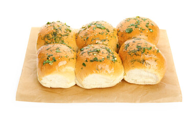 Traditional pampushka buns with garlic and herbs on white background