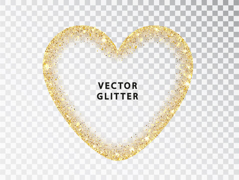 Golden glitter heart frame on transparent background. Gold sparkles isolated on white with space for text. Design for wedding card, valentine, save the date. with space for text