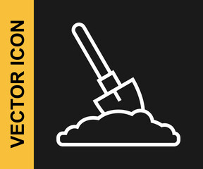 White line Shovel in the ground icon isolated on black background. Gardening tool. Tool for horticulture, agriculture, farming. Vector