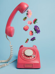 Vintage pink rotary telephone with flowers flying in the air isolated on a bright blue background....
